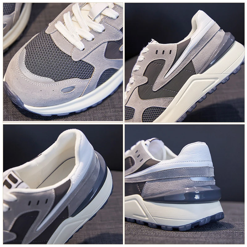 

Women Shoes Genuine Leather Mesh Round Toe Lace Up 4.5cm Heels Leisure Sports Sneakers Ventilation Comfortable Footwear Gray