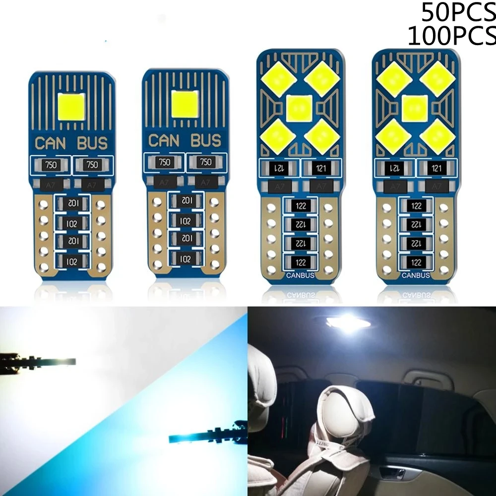

50PCS 100PCST10 W5W Led Canbus WY5W Bulb No Error 194 168 Car Interior Lights Wedge Tail Side Auto Lamp 12V 6000K White Blue