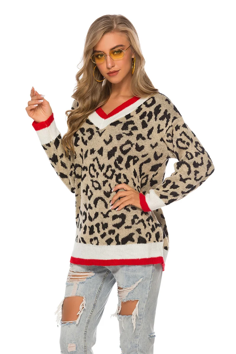 Fitshinling Leopard V Neck Sweater Autumn Winter Pullovers Knitwear Boho Casual Slim Jumper Sweaters For Women Clothing 2019 New | Женская