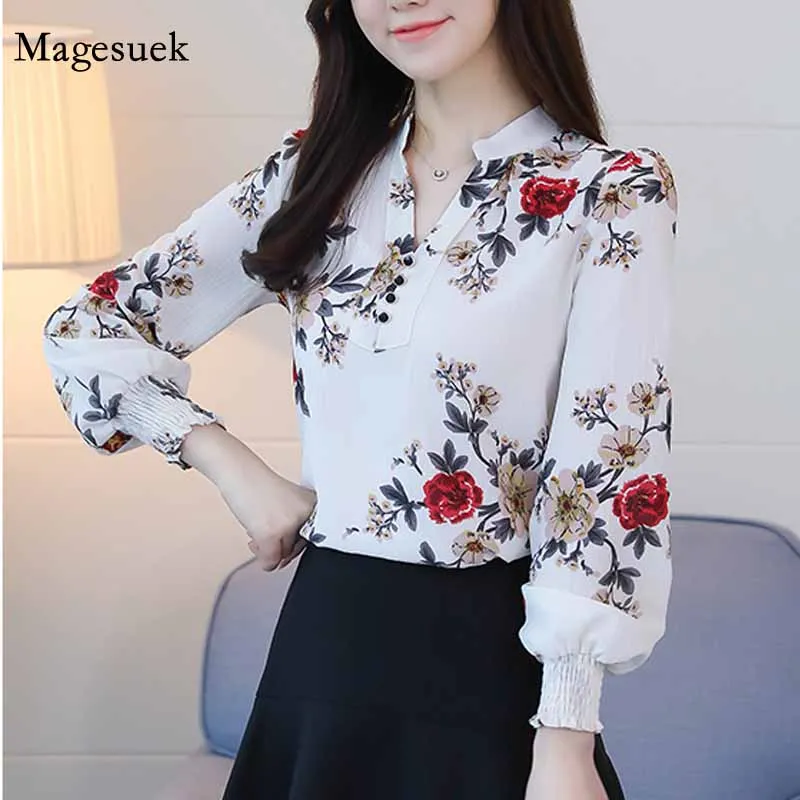 

Casual Loose Office Ladies Tops New V Neck Long Sleeve Floral Print Chiffon Blouse Women Elegant Spring Autumn Shirts 6140 50