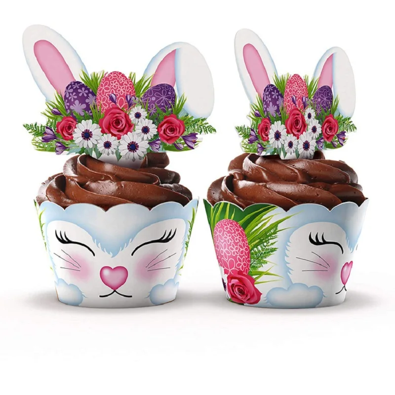

24pcs/set Cute Easter Rabbit Cupcake Wrapper Paper Cake Toppers for Happy Easter Decorations Baby Shower Birthday Party Decor