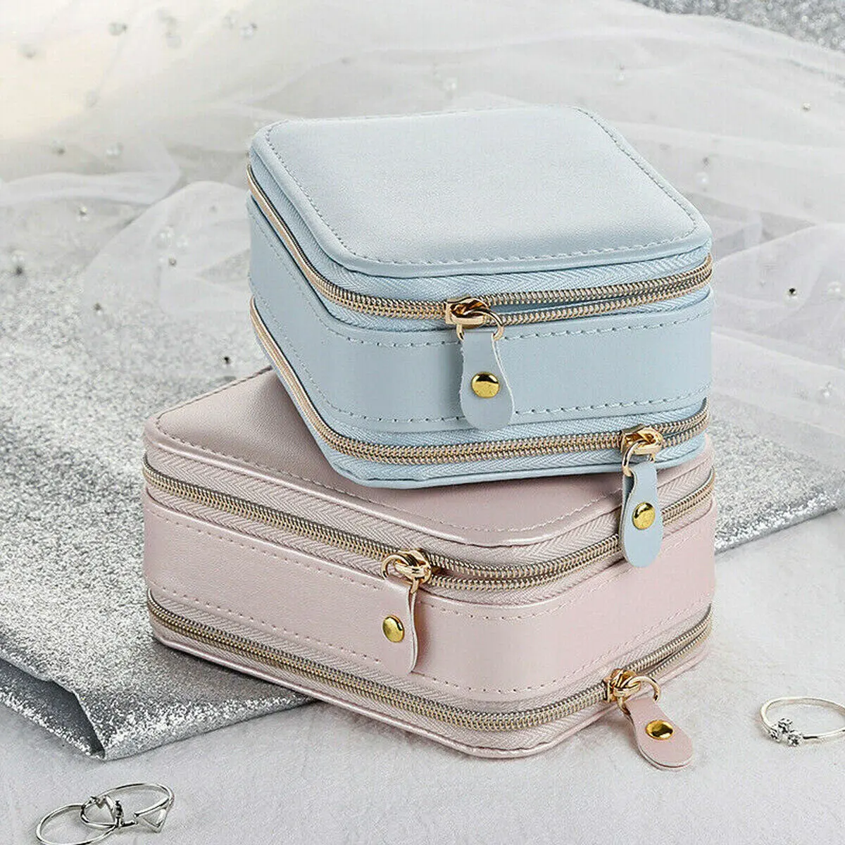 

Portable Jewelry Box Organizer with Mirror Travel Leather Jewellery Ornaments Cosmetic Makeup Storage Supplies