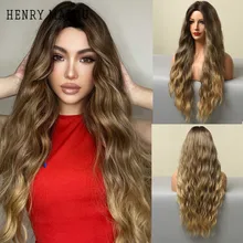 HENRY MARGU Long Wavy Synthetic Wigs Brown Golden Water Wave Natural Hair for Women Daily Cosplay Party Heat Resistant Wig Hairs
