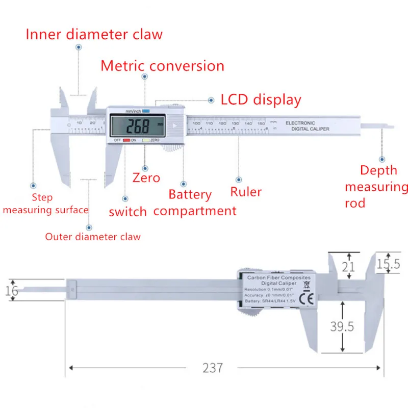 Цифровой Vernier Calipers150mm 6 дюймов ЖК электронный углеродный оптоволоконный датчик измерения высоты микрометр