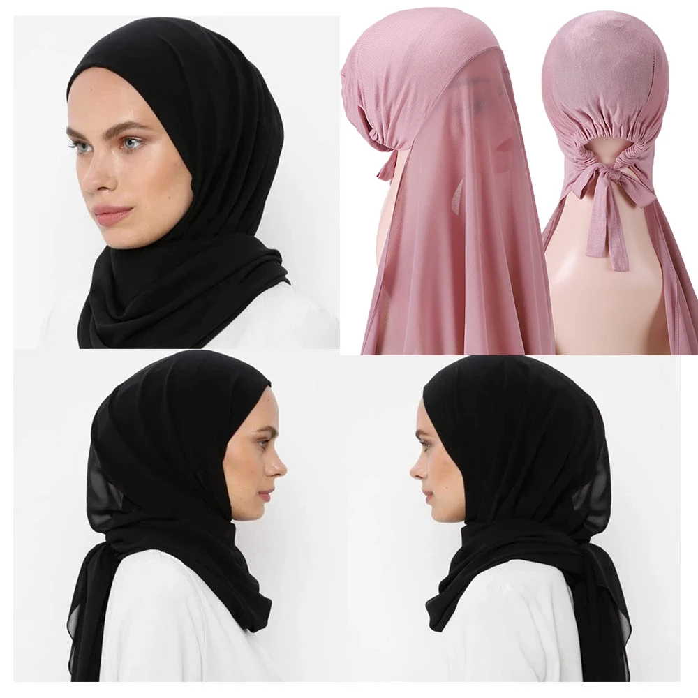

Muslim Women Bonnet + Chiffon Shawl Head Scarf Underscarf Cap Islam Inner Scarf Headband Stretch Hijab Cover Headwrap Turbante