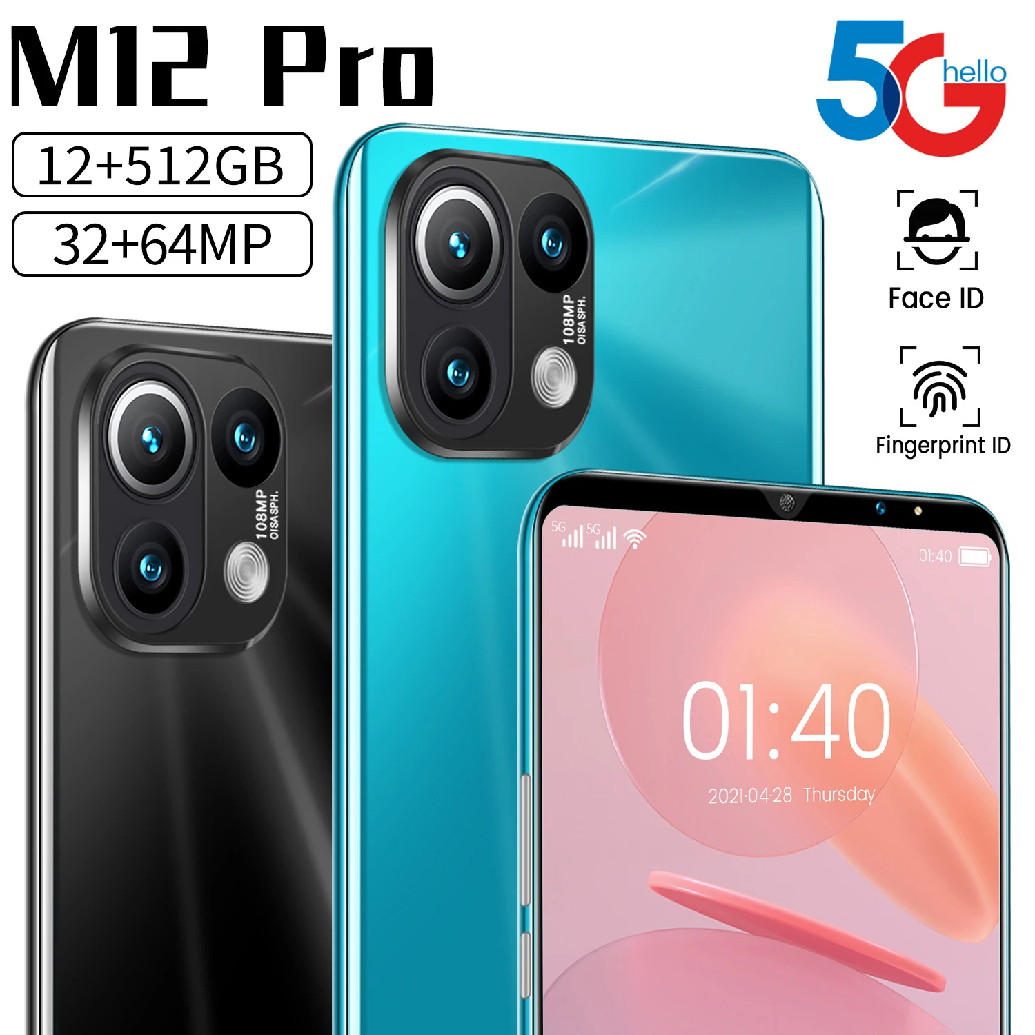 

Global Version M12 Pro Smartphone 12GB+512GB 6.1 Inch 6000mAh 1440×3200 Resolution Mobile Phone 32MP+64MP MTK6889 Lnternet Phone