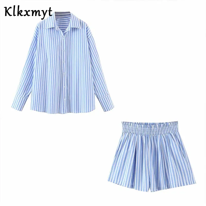 

Klkxmyt Za Sets Women 2021 Casual Blue Stripe Shirt Shorts Suit 2 Pieces Set Tops And High Waisted Shorts Set Female Outfit