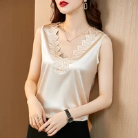 summer womens shirt sleeveless blouses for women embroidered satin clothes vintage woman blouse 2021 white v neck basic blouse
