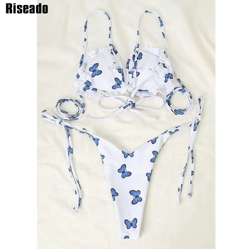 

Riseado Push Up Bikini Swimsuit Ruffle Swimwear Women Sexy High Cut Thong Beachwear Micro Bikinis Knotted Bathing Suit 2021 New