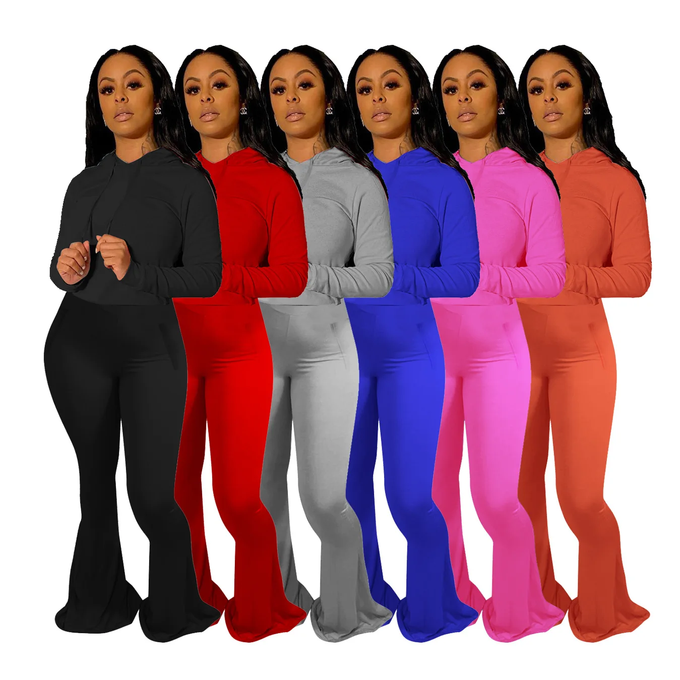 

2020 Autumn Casual Women Solid Two Piece Sets Active Wear Fashion Full Sleeve Hoodies High Waist Bodycon Bell-Bottomed Pants Set