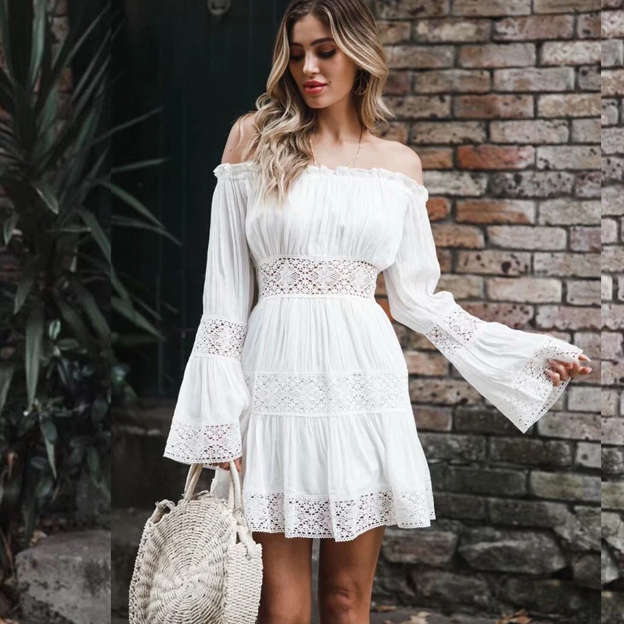 Женское платье с длинным рукавом TEELYNN белое хлопковое кружевное мини в богемном