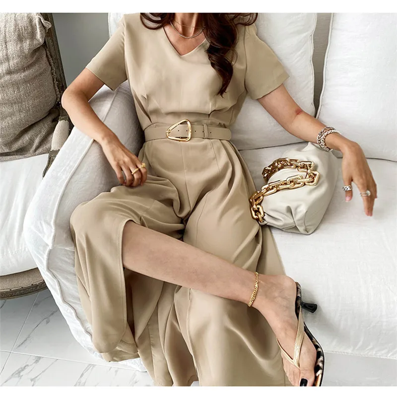 

New Ladies Short Sleeve V-neck Jumpsuit Ladies Loose Belt Jumpsuit Casual Vacation Wide Leg Pants Workwear 2021