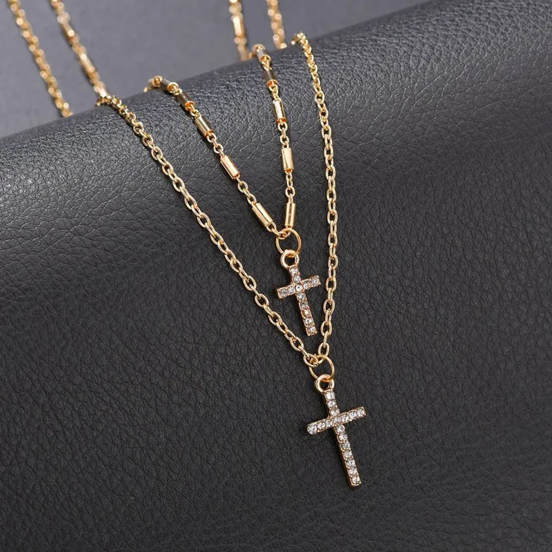 

Fashion Double Layer Rhinestone Cross Pendant Necklace Gold Silver Color Hip Hop Long Chain Cross Necklace Women Jewelry