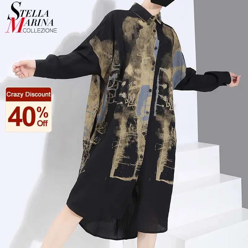 Женский в Корейском стиле повседневное винтажное черное платье-рубашка с