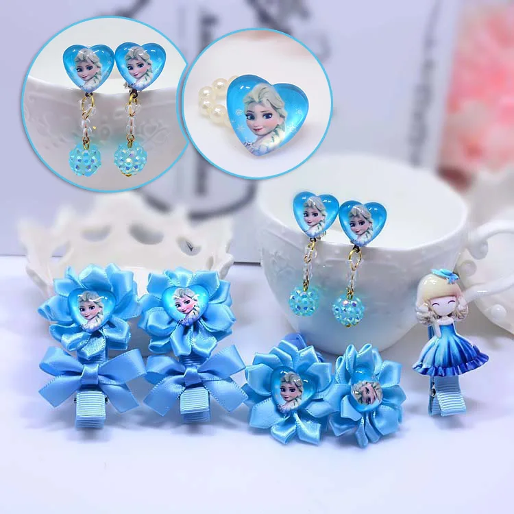 

8pcs Disney Elsa princess children ring+earring clip+hair pin+hair rope clip accessories cartoon Frozen girl gift rubber band