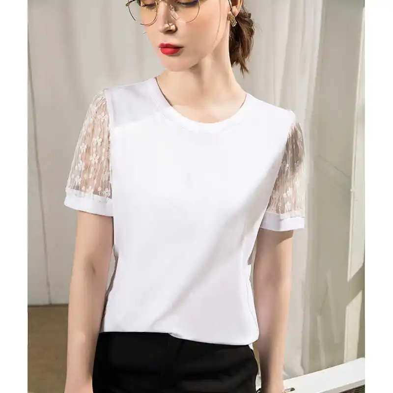

Ediwallen Women's Round Neck Short Sleeve T-shirt Women's Top Lace Stitching Bubble Sleeve Bottom Coat Women