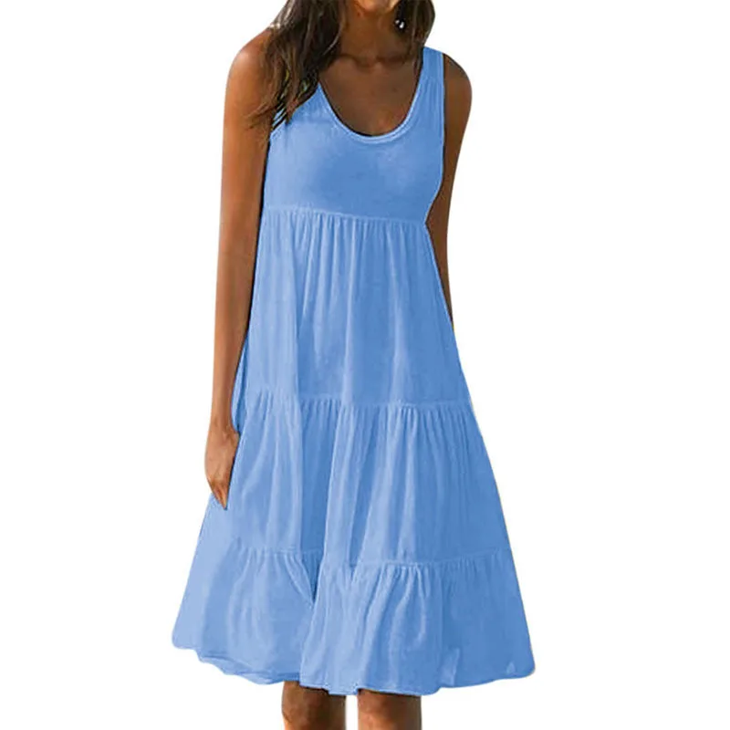 2021 без рукавов для пляжной вечеринки платье женщин однотонное летнее с круглым