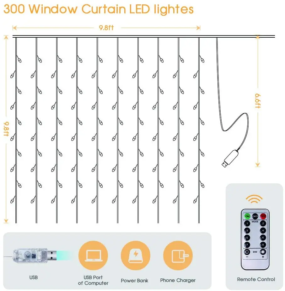 

LED 3x3m 300led string light USB fairy icicle copper wire remote control Christmas wedding garden window outside