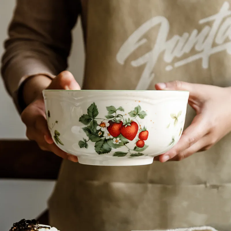 Retro Strawberry Plate Cream Ceramic Oval Deep Dish Soup Bowls Embossed Tableware Salad Dessert Decorative Dinnerware | Дом и сад