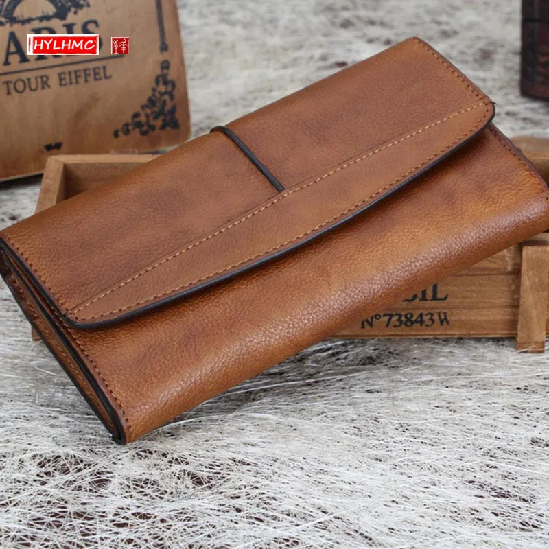 Women's Handmade Wallet Female Genuine Leather Long Wallet Retro Long Zipper Three Fold Wallets Card Coins Purses Clutch Bags