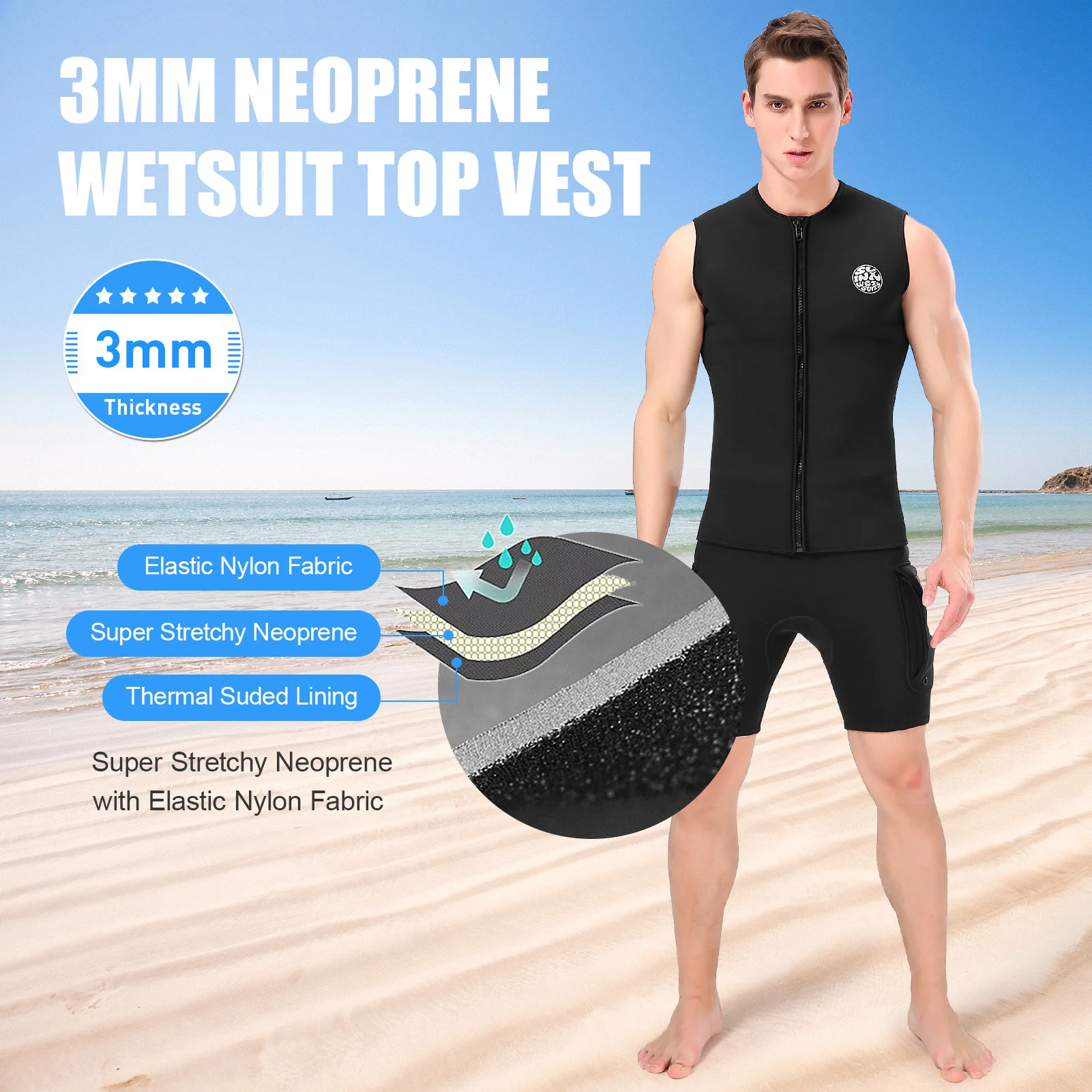 Неопреновый гидрокостюм 3 мм теплый терможилет без рукавов для дайвинга серфинга
