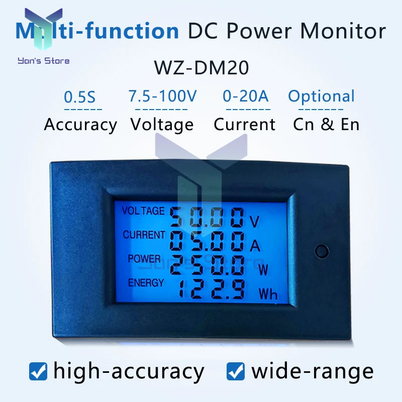 

20A 100V DC Digital LCD Display Multi-function Voltmeter Ammeter Wattmeter Power Meter Volt AMP Monitor Electric Energy Meter