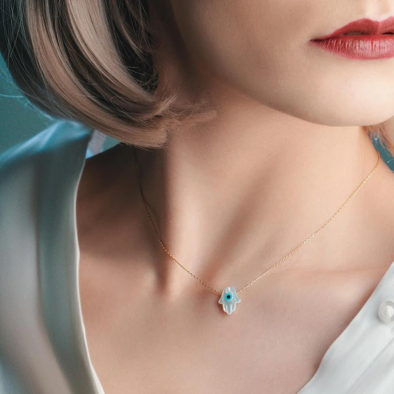

Vintage Blue Eye Palm Pendant Necklace Women Simple Handmade Link Chain Necklace For Women Jewelry Gift Женское Ожерелье