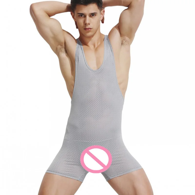 Мужская пикантная дышащая майка цельный сетчатый боди облегающий костюм без