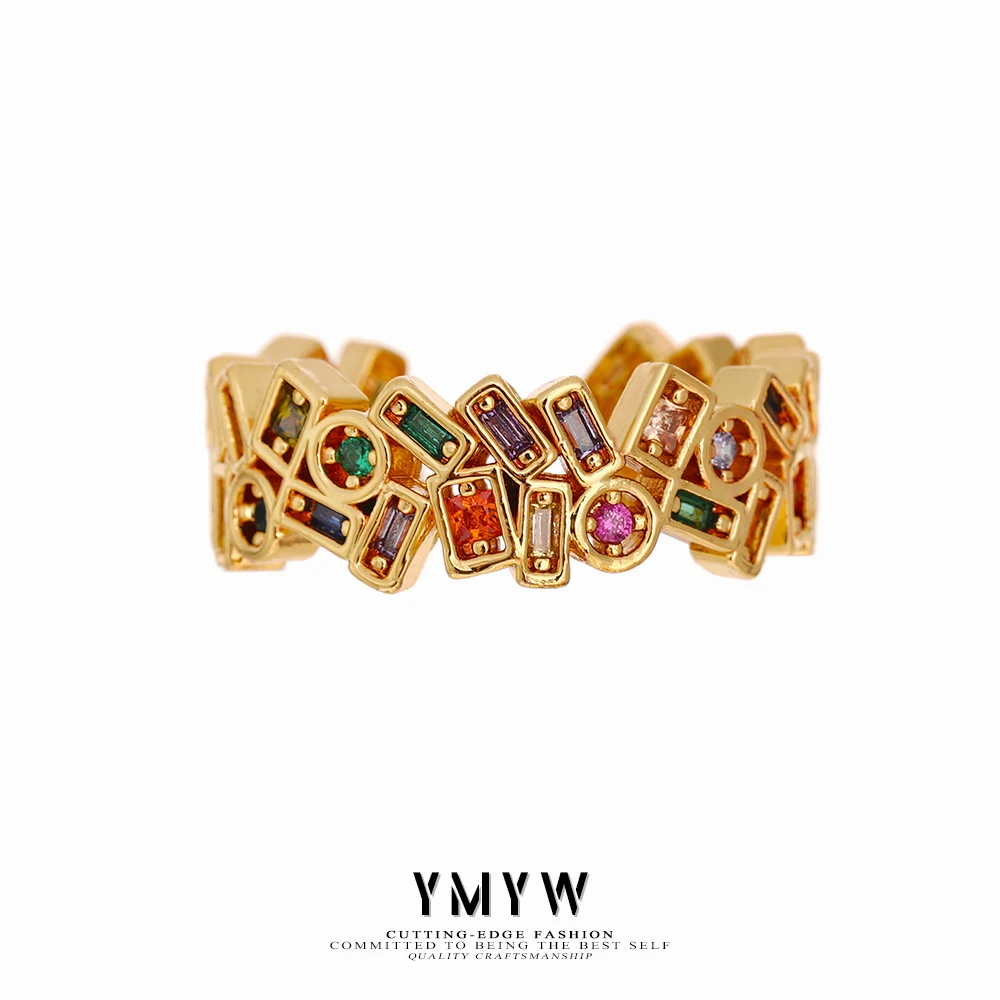 

YMYW Geometric Opening Ring Colorful Cubic Zirconia Statement Jewelry Texture Copper Metal Exquisite Ring For Women Party Gift