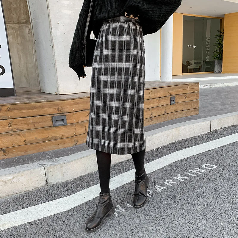 

Vintage Plaid Pencil Skirt Women Autumn Winter High Waist Woolen Long Skirts Sexy Elegant Midi Skirts falda mujer