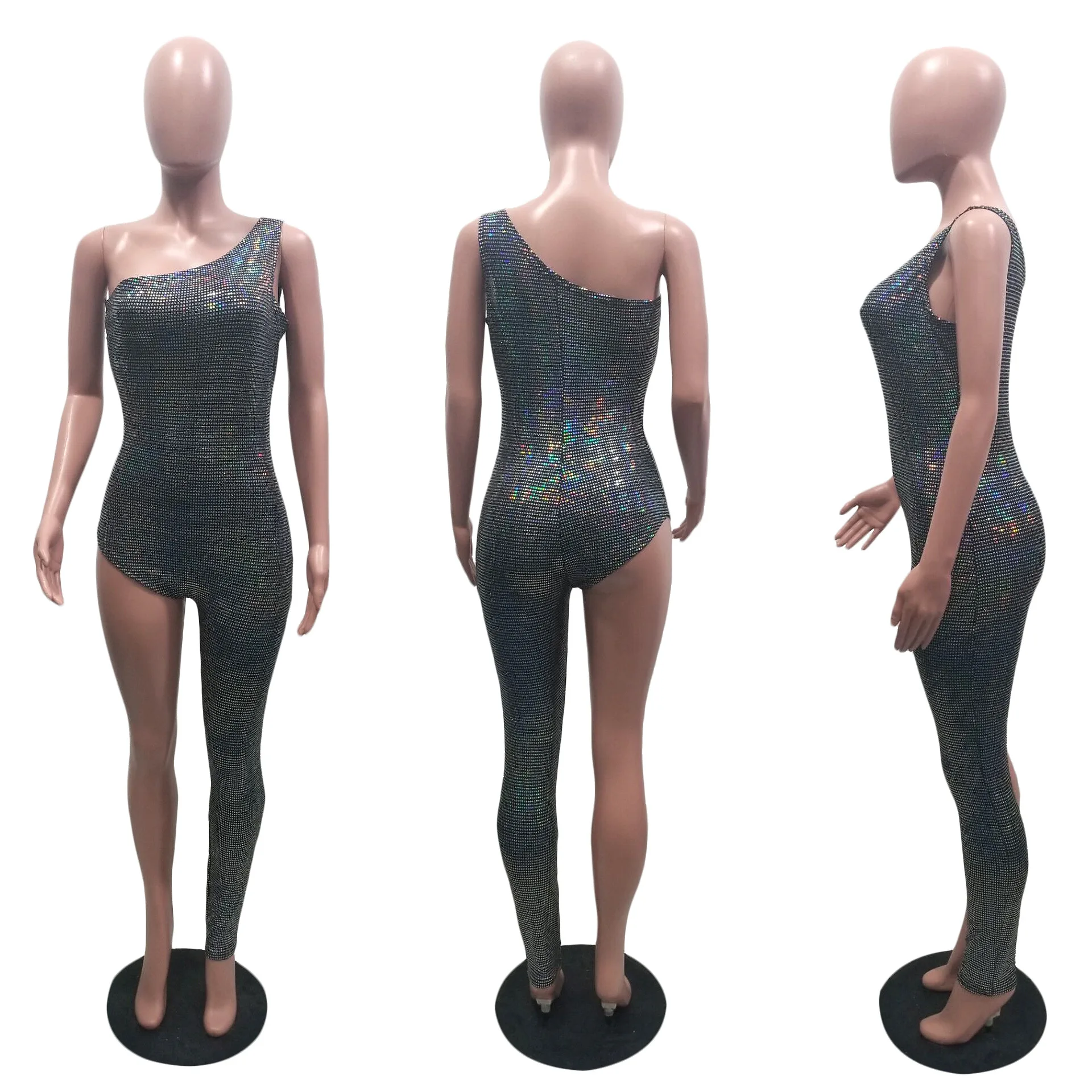 

Skew Coller Sleeveless One-Leg Slim Jumpsuits Solid Sexy Nightclub Beaded Bodysuits Women Backless White Casual Sequin Romper