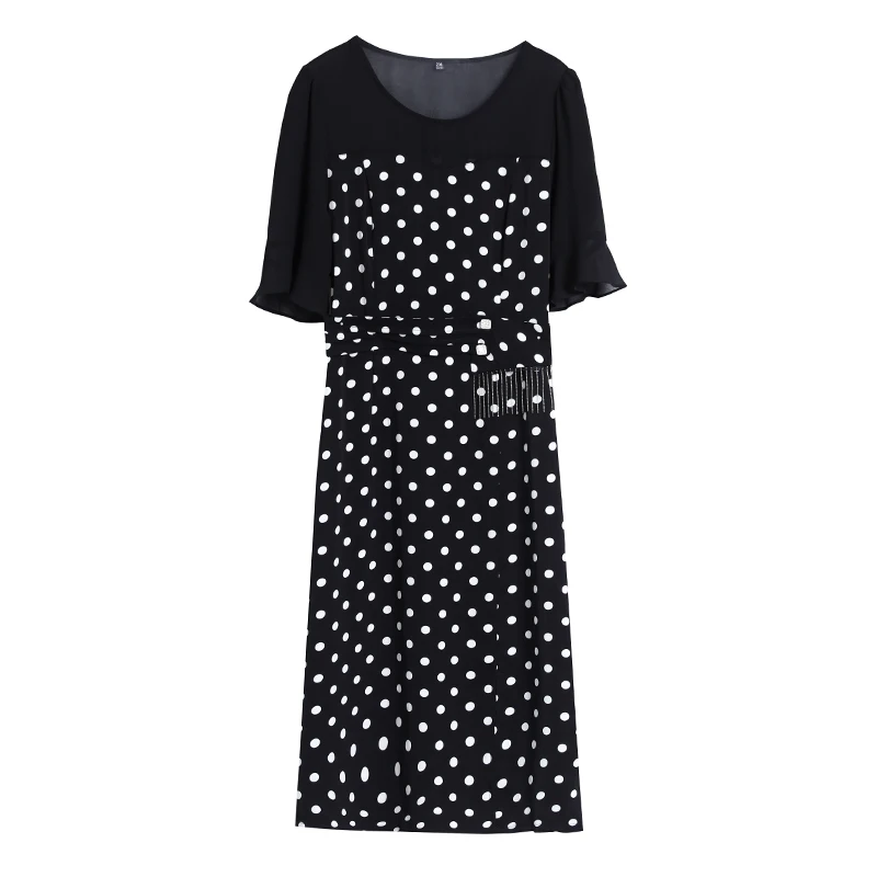 

2021 Plus Size Women's Dress Fake Two Patchwork Short Sleeve Dresses Ladies Dot Clothes Female Fashion Vintage Dresses