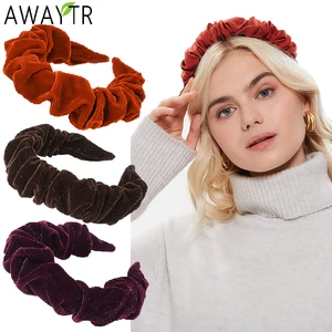 Женский обруч для волос AWAYTR, широкая бархатная повязка на голову со складками, модный однотонный обруч для волос с бантом, аксессуары для волос