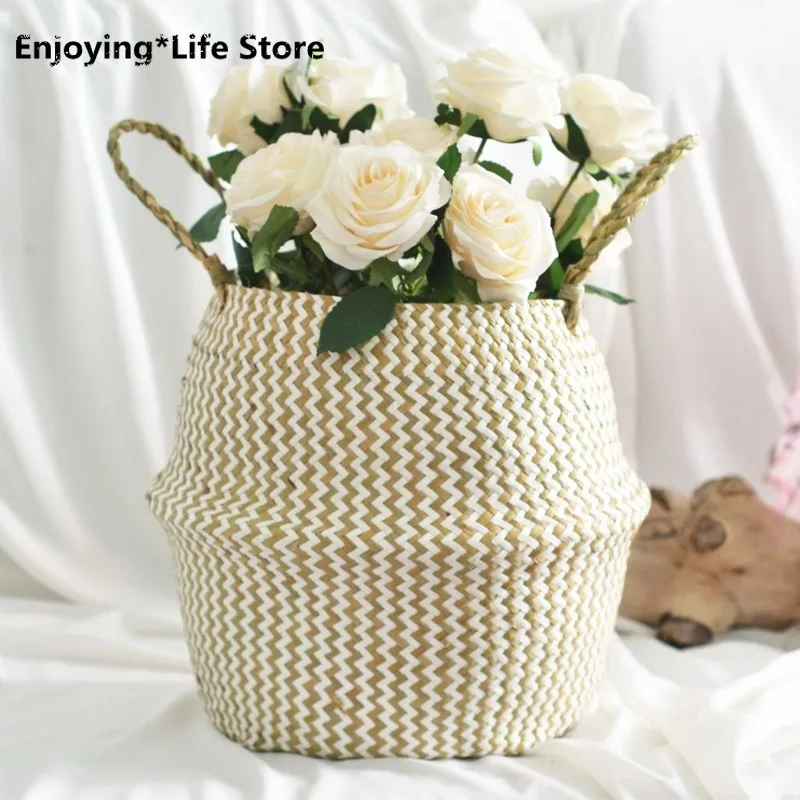 

Seagrass Basket Straw Basket Write Wicker Basket Storage Bag Belly StorageWhite Garden Flower Pot Planter Handmade Decoration