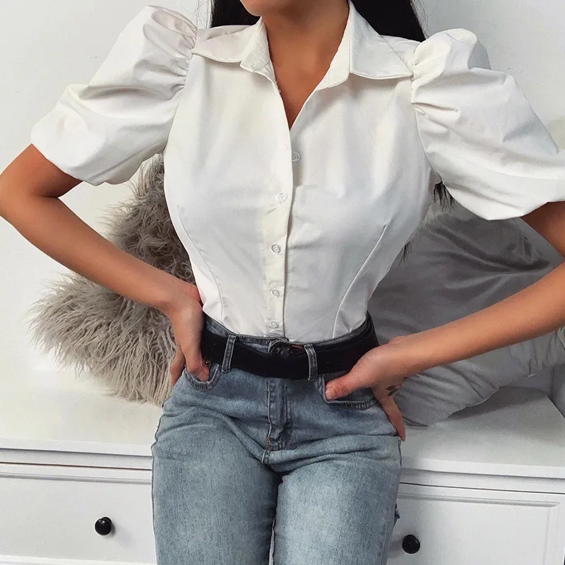 Рубашка женская с пышными короткими рукавами Приталенный топ на пуговицах