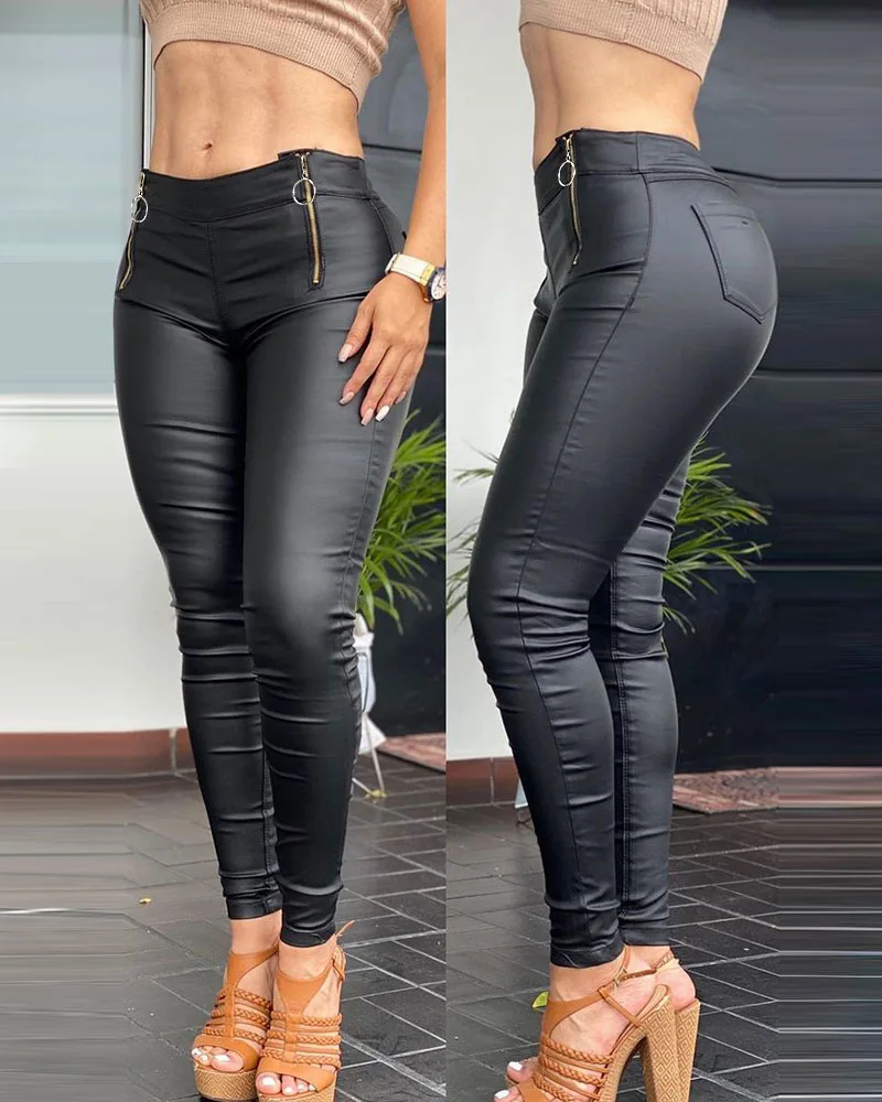 

PU Leather Zipper Pocket Design Skinny Pants