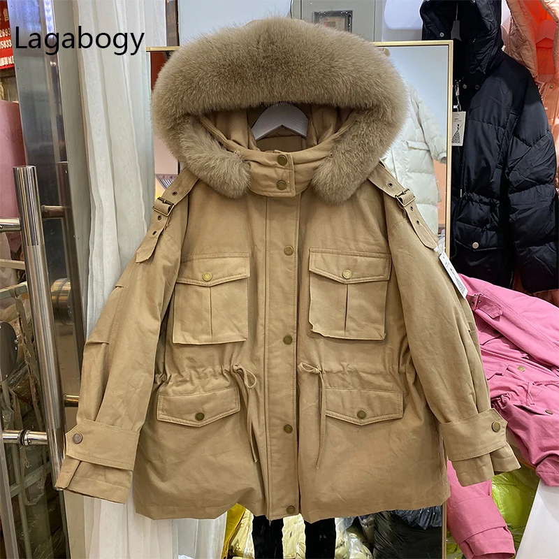 

Lagabogy 2021 Large Real Fox Fur Winter Women 90% White Duck Down Coat Hooded Thick Waterproof Parkas Female Loose Puffer Jacket