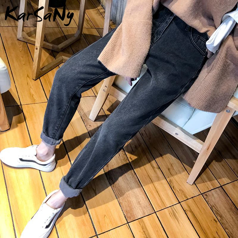 Джинсы для женщин в стиле бойфренд с высокой талией зимние теплые бархатные