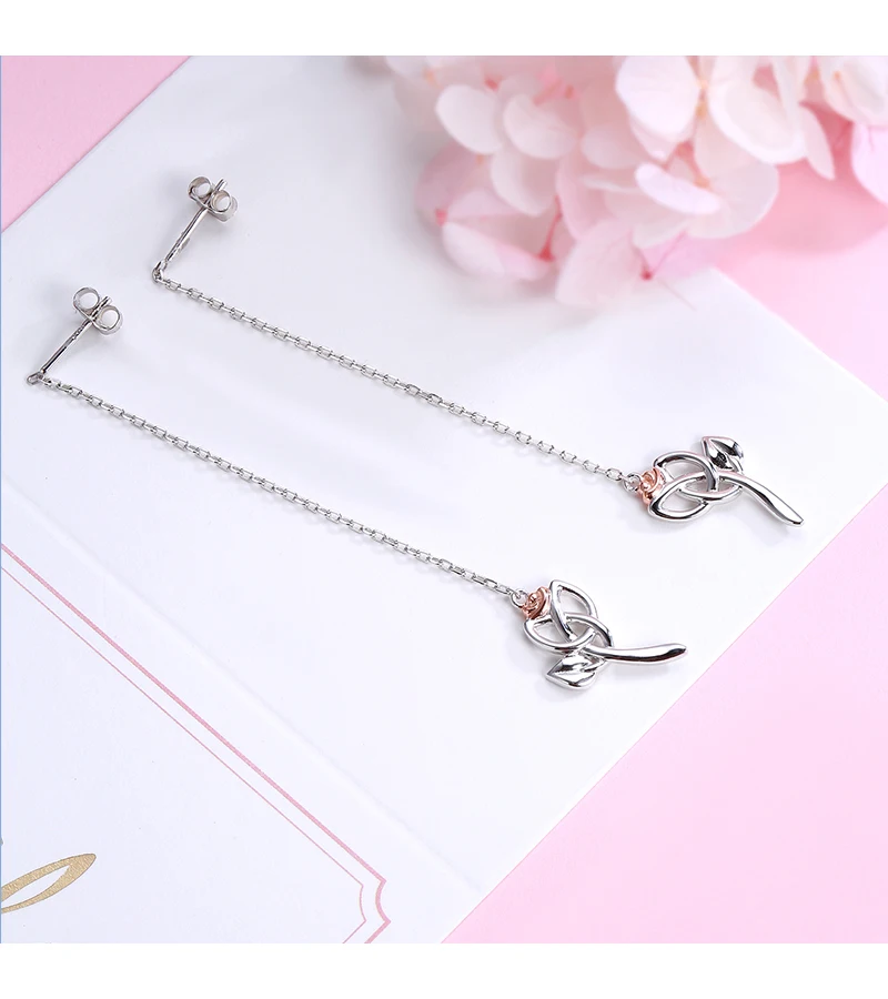 StrollGirl,, 925 пробы, серебряные, милые, розовые, золотые, розовые, длинные серьги с кисточками, серьги-гвоздики с цветком для женщин, модное ювелирное изделие