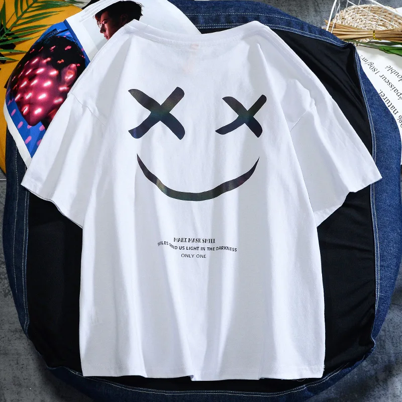 

Summer Short Sleeves T-Shirt Men Harajuku Fashion Smiley Print T-shirts Streetwear Hip Hop Casual Cotton Korea O-neck Tees Tops