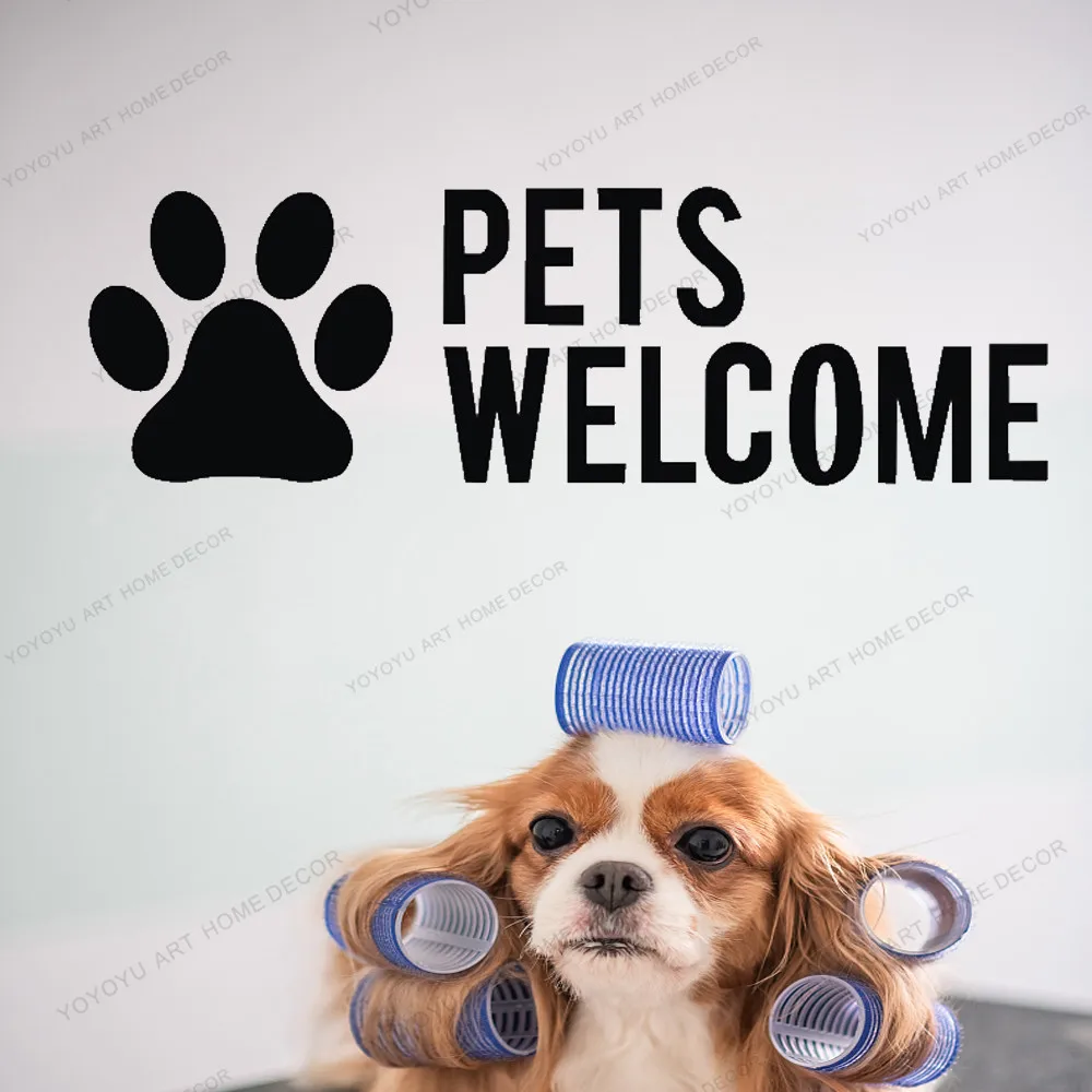 

Наклейка на стену с надписью PET WELCOM, Виниловая наклейка на стену с изображением собаки, кошки, украшение для салона ухода за домашними животн...