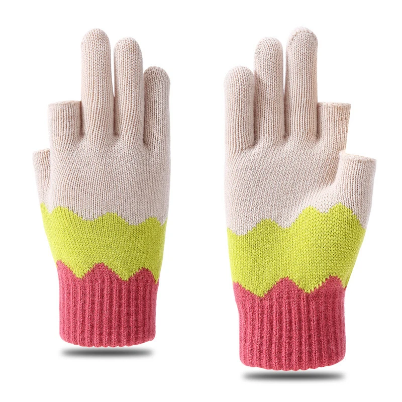 

Women Men Knitted Gloves Touch Screen Cycling Driving Gloves Color-blocked Fingerless Gloves Winter Warm Half Finger Mittens