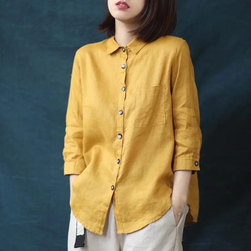 2020 Spring New Arts Style Women 3/4 Sleeve Loose Yellow Shirts All-matched Casual Solid Linen Blouse Femme Vintage Tops M250