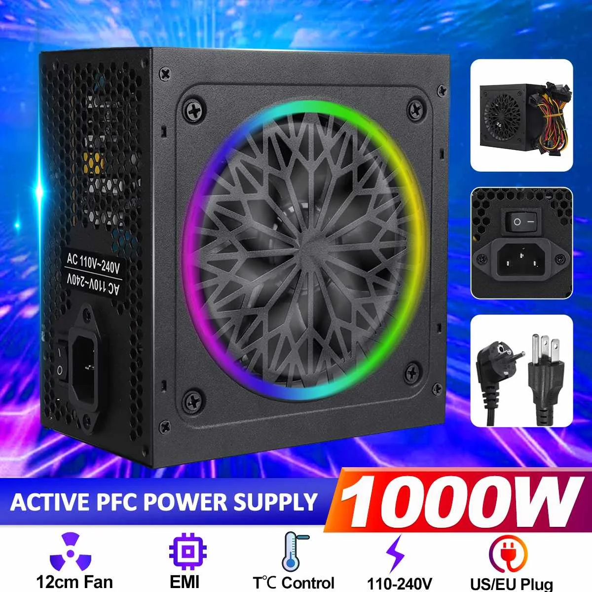 

1000W PC Power Supply Active PFC 12cm RGB Fan Computer Power supply for pc Gamer Full Mounted US/ EU plug 100-240V