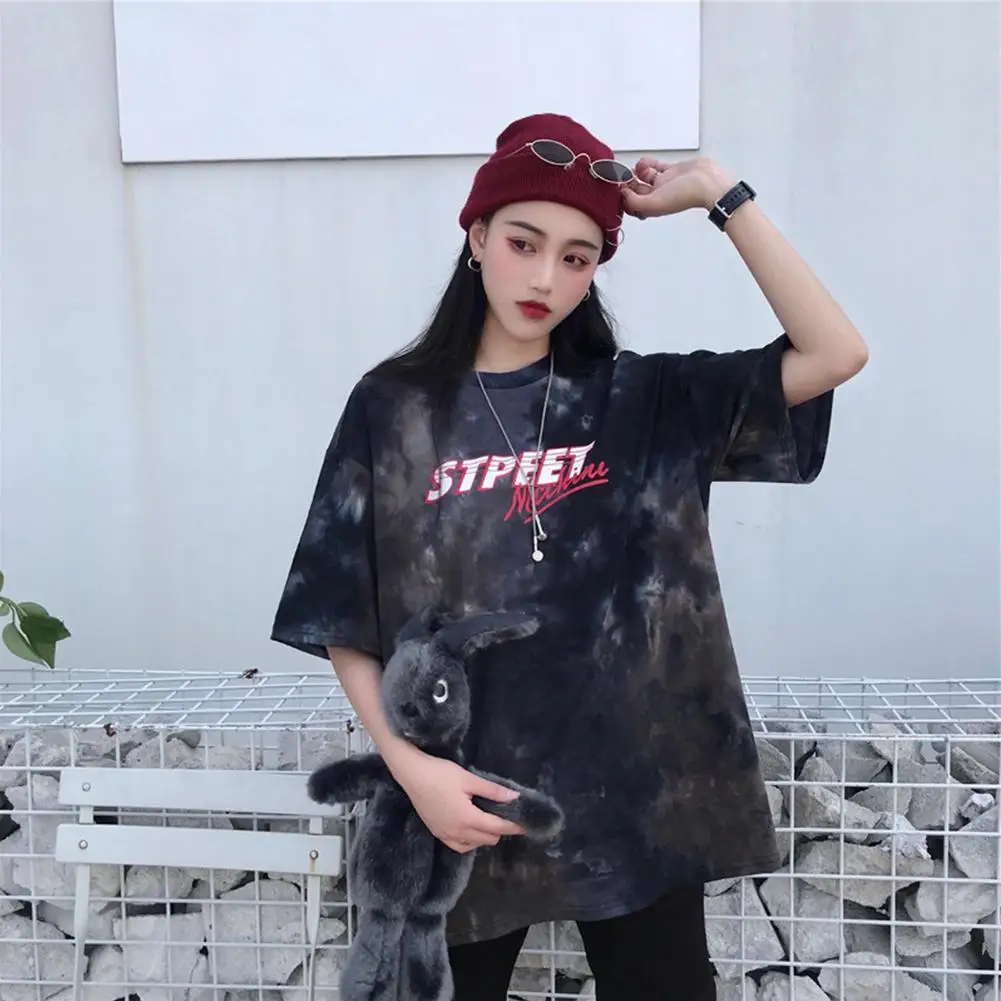 

Summer Women Cotton Fashion Loose T-shirt Tie Dye O Neck Short Sleeve Top Blouse