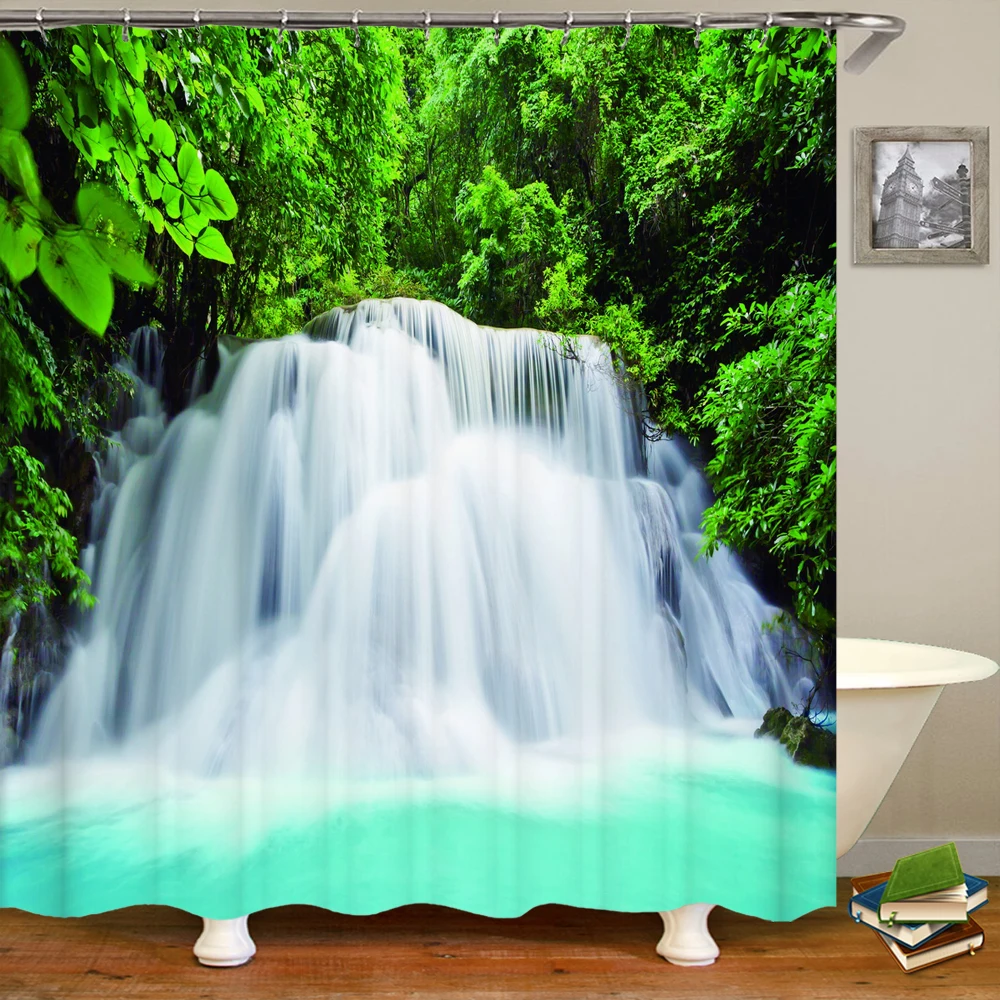 

Водонепроницаемые тканевые занавески для душа с 3d-изображением водопада и леса, декоративные шторы для естественного ландшафта размером ...