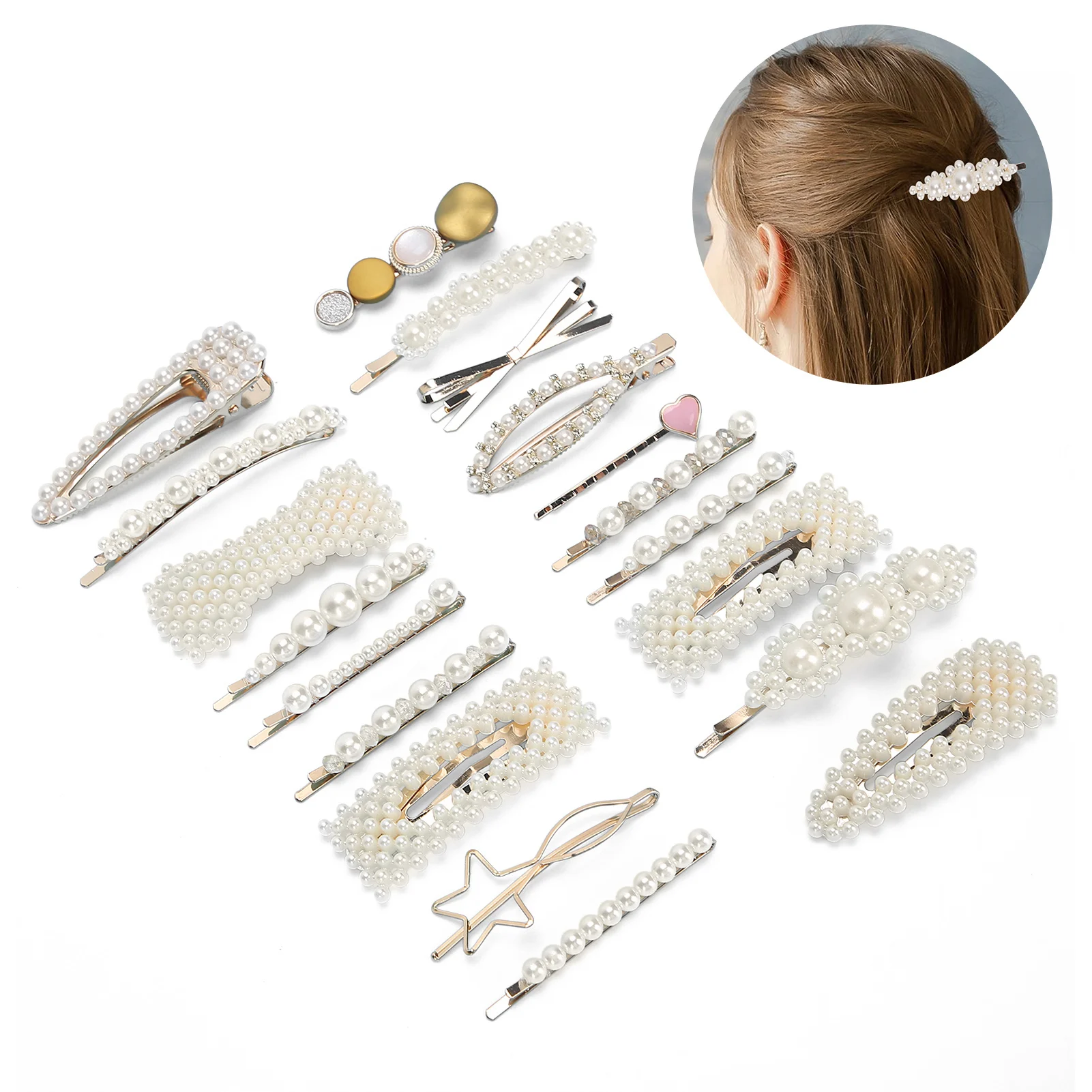 

19pcs/set Pearl Hair Clip Women Hairpin Headdress Pin Fashion Geometric Flower Barrettes Headwear Girls Sweet Styling Accessory