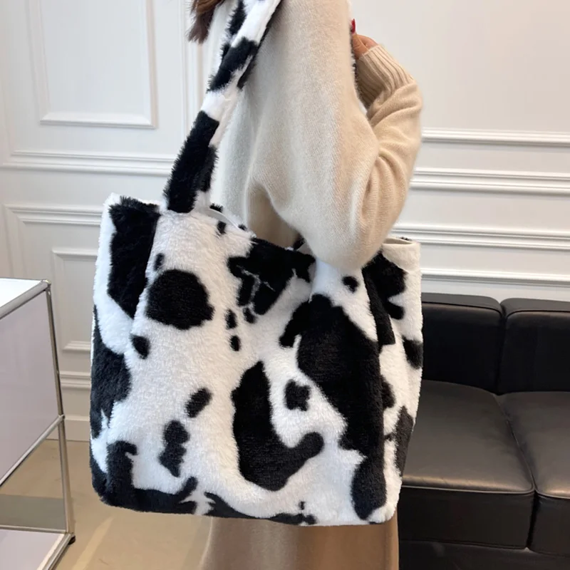 

Плюшевые сумки на плечо на осень и зиму, модная дизайнерская сумка с коровьим узором, Высококачественная Роскошная брендовая Сумка-тоут