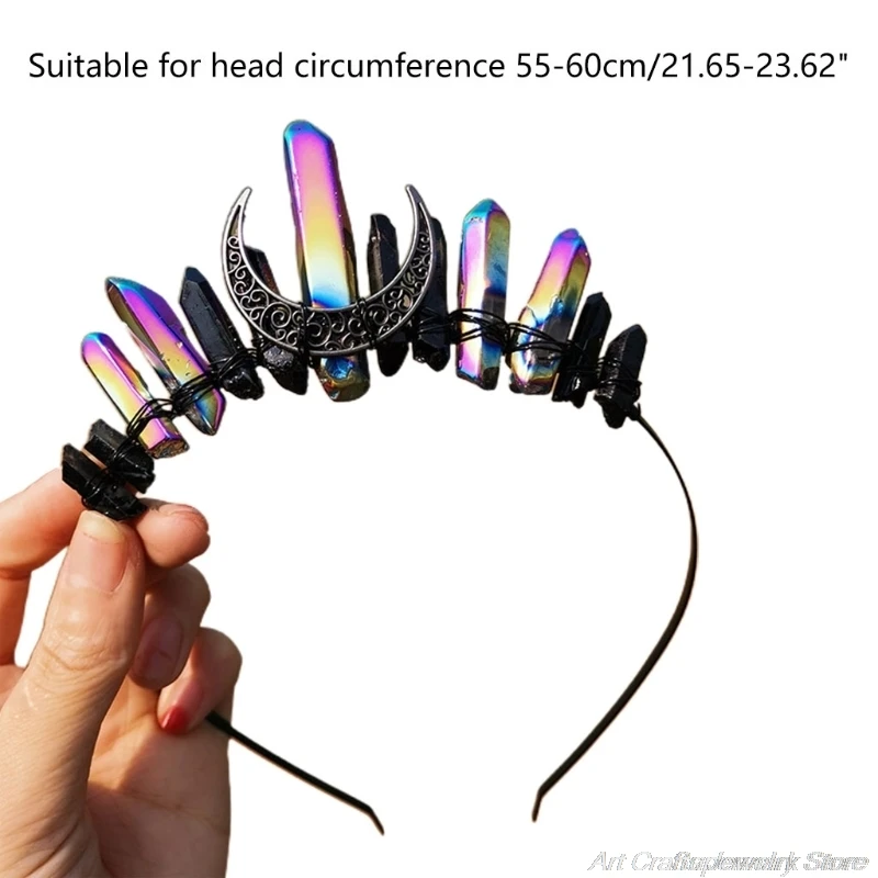 

Wedding Bridal Jewelry Tiara Headband Multicolored Raw Quartz Crystal Hair Hoop Antique Moon Handmade Witch Crown A28 21