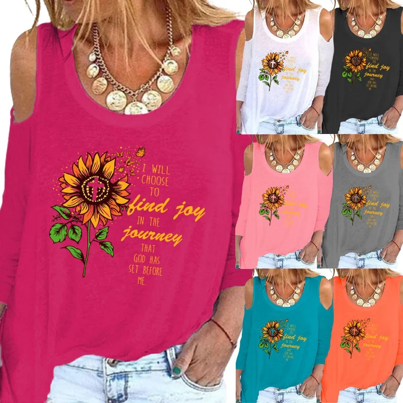 

Women Spring and Autumn Fashion Printing Graphic Tee Off Shoulder Long Sleeve Round Neck Pullover Elegent Loose Casual Tops